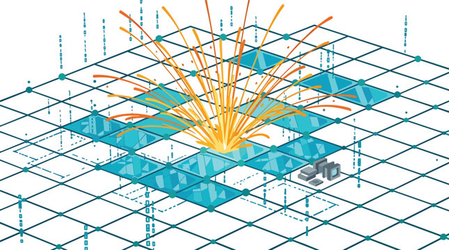 Data processing explosion and information burst within an isometric grid digital illustration for enterprise technology branding