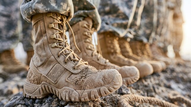 Close-Up View of Military Boots Standing in Formation on Rocky Terrain with Sunlight in Background