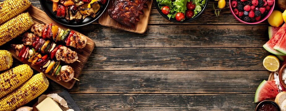 Barbecue summer picnic food with meat skewers and corn on a rustic wooden grill table