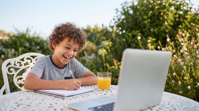 Happy school boy laughing while writing in notebook and using laptop in sunny garden for remote learning and outdoor education