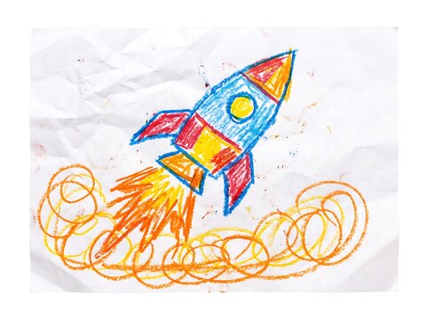 Cute rocket ship doodle with fire blast on wrinkled white paper, creative school project illustration