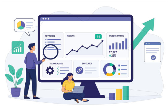 SEO Optimization and Website Analytics Flat Vector Illustration. Modern flat vector illustration of SEO optimization and website analytics concept. Digital marketing team analyzing keyword research