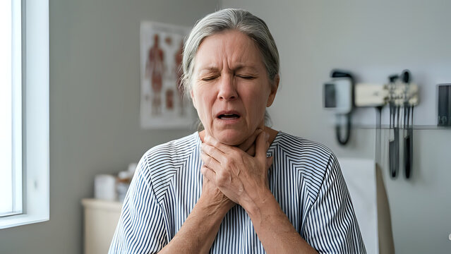 Senior woman holding throat suffering from sore throat with infection coughing healthcare clinical symptoms discomfort hospital wellness pharyngitis breathing respiratory