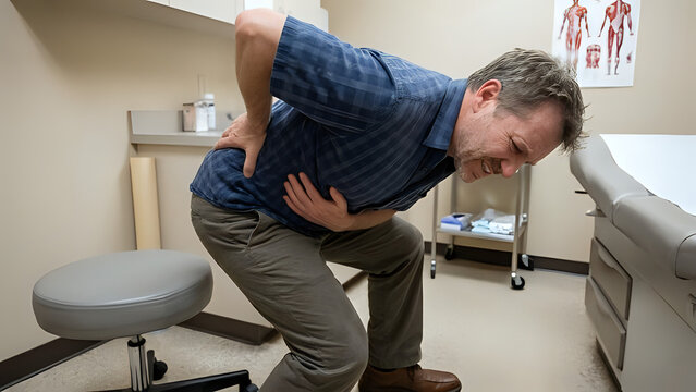Man bending over in pain holding lower back in doctor office with orthopedic physical clinical healthcare suffering discomfort treatment condition diagnosis hospital wellness