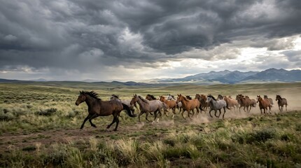Fototapeta premium A herd of wild horses running across a dusty plain under a dramatic stormy sky.