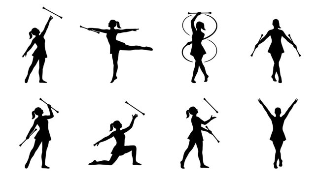 Set of silhouettes of female baton twirlers in various dynamic poses, performing artistic routines with batons, conveying movement and grace