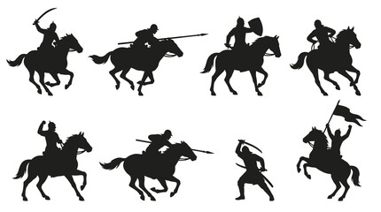 Naklejka premium Silhouettes of medieval warriors on horseback in dynamic battle poses, charging with swords and lances, historical combat action, medieval cavalry