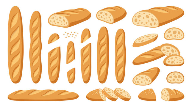 Collection of baguettes and bread slices on a transparent background, bakery items and food illustration, baked goods and pastry