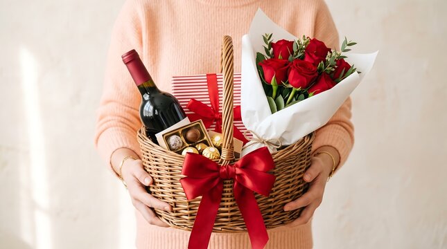 Woman holding gift basket with red roses wine and chocolates
