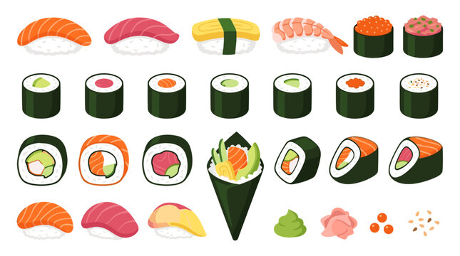 sushi assortment featuring nigiri, maki rolls, and temaki, ideal for digital menus or culinary illustrations