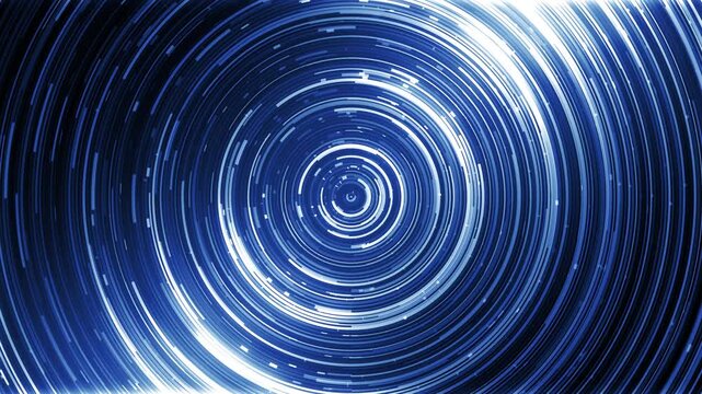 Glowing blue concentric circles spinning on dark background. Seamless loop circular light trails motion graphic.