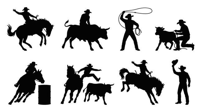 Collection of cowboy rodeo silhouette illustrations, bull riding, calf roping, barrel racing, and bronc busting, dynamic western action scenes