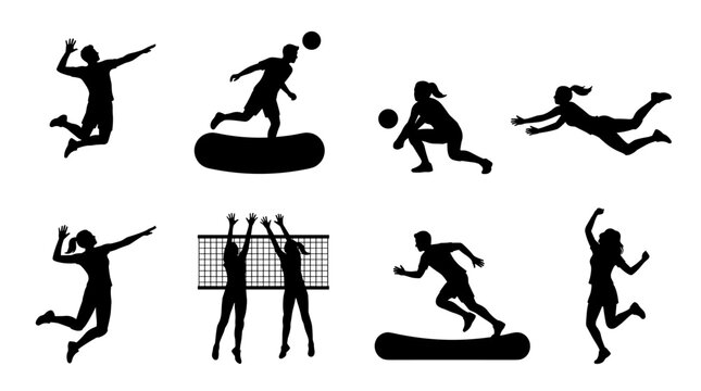 Collection of black silhouettes representing volleyball players in various action poses during a game, isolated on a white background