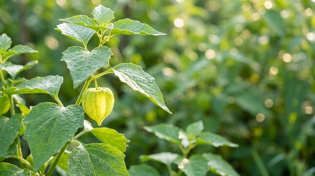 Fresh green physalis fruit growing on plant in garden outdoors