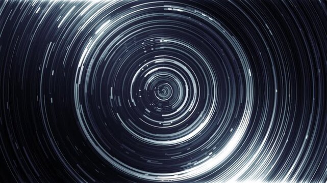Glowing white concentric circles spinning on black background. Seamless looping circular light trails motion graphic.