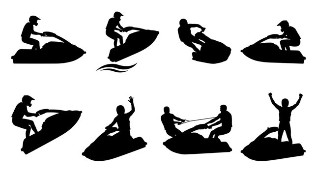 Set of eight black silhouette icons of people riding jet skis in various dynamic poses on a white background, depicting watersports and summer