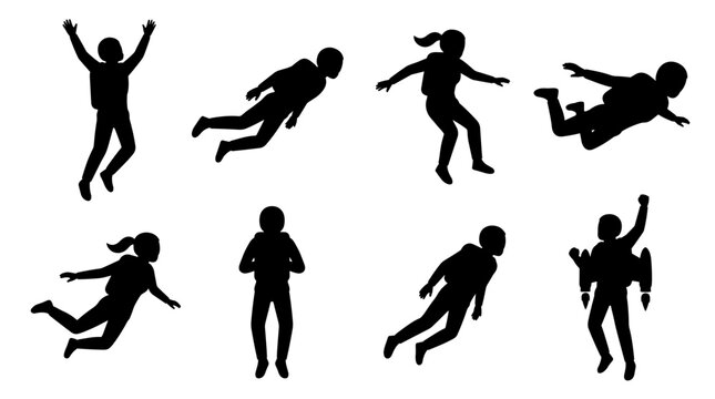 Collection of skydiver silhouettes in various dynamic poses, conveying motion and freedom, isolated on white background