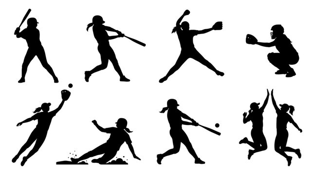Set of softball player silhouettes in action poses including batting, pitching, catching, and celebrating on a white background