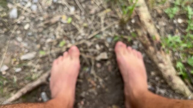 Barefoot feet standing on forest ground, earthing and grounding concept