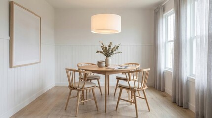 Fototapeta premium Modern Dining Room with Wooden Table and Chairs under Soft Natural Light with Floral Centerpiece
