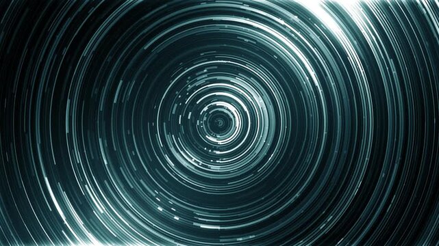 Glowing cyan concentric circles spinning on dark background. Seamless loop circular light trails motion graphic.