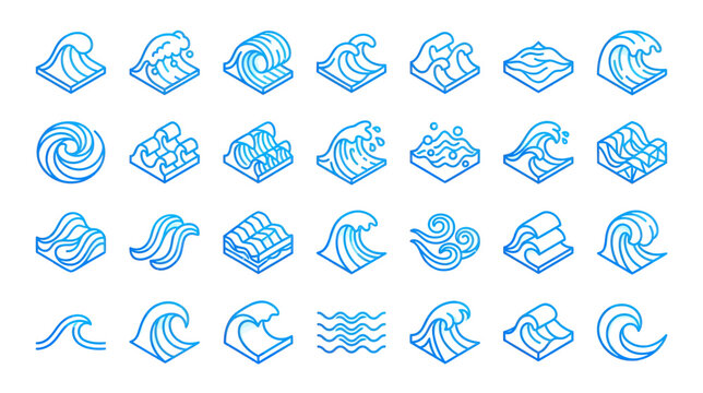 Ocean Wave Icons Set - Isometric Blue Water Symbols