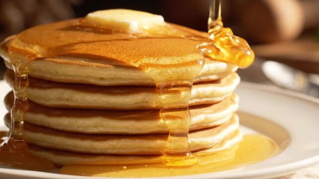 Syrup drips down a stack of pancakes on a plate with butter on top.