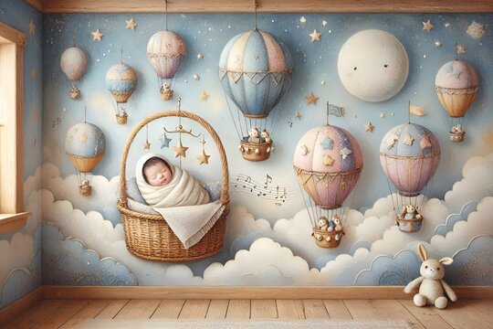 Whimsical Surreal Photo, Sweet Dreams Little One Newborn Baby Bedtime Stories Calm Sleep Music Lullaby Song Illustration Magic Hot Air Balloons Fly Cloud Blue Sky & Night Moon Background Nursery Mural
