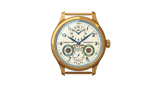 Vintage Gold Mechanical Watch Illustration with Universal Time Dials