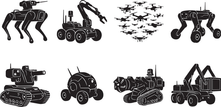Advanced robotics, military drones, and autonomous vehicles silhouette vector icon set