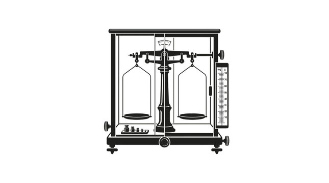 Vintage analytical balance scale illustration in glass case