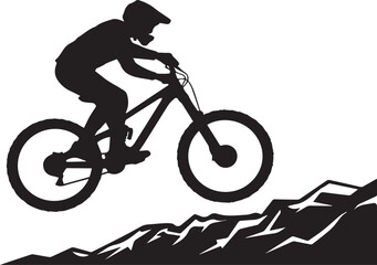 Obraz premium Mountain biker riding on rocky terrain silhouette, extreme sport mtb vector