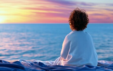 Fototapeta premium Child in Light Blanket Enjoying Sunset View by the Sea with Peaceful Reflections on Water Surface