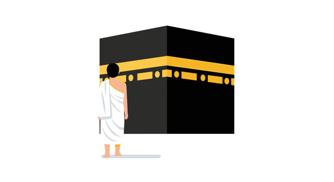 Side view of male pilgrim in ihram standing near Kaaba.