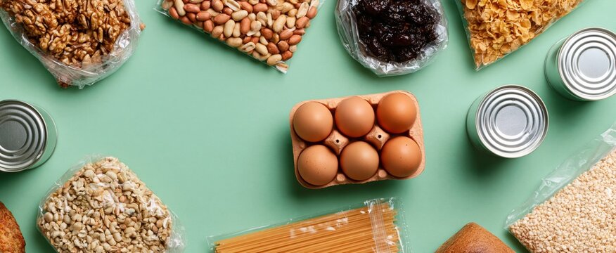 Food pantry staples like canned goods eggs grains and nuts for charity donations