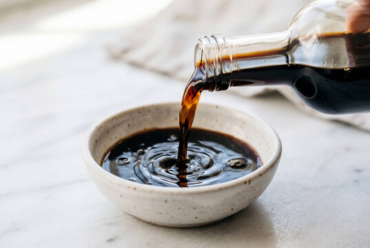 Dark balsamic vinegar pouring from glass bottle into small white ceramic dipping bowl