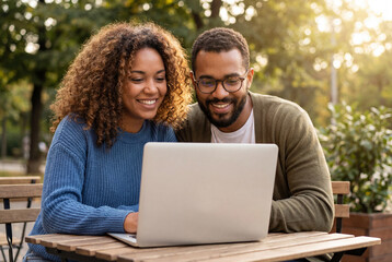 Fototapeta premium Happy young couple smiling and looking at a laptop while sitting at an outdoor cafe