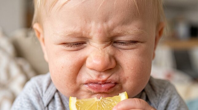 Commercial close-up lifestyle and portrait photography of a cute blonde baby boy making a funny, squinched sour face after tasting a fresh lemon wedge &ndash; premium baby food branding, pediatric health ma