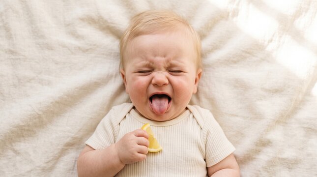 Commercial close-up lifestyle and portrait photography of a cute blonde baby boy making a funny, squinched sour face after tasting a fresh lemon wedge &ndash; premium baby food branding, pediatric health ma