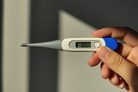 Person holds digital thermometer displaying thirty degrees Celsius during summer heat wave. Electronic device shows indoor air temperature, humidity level inside house. Extreme weather climate change