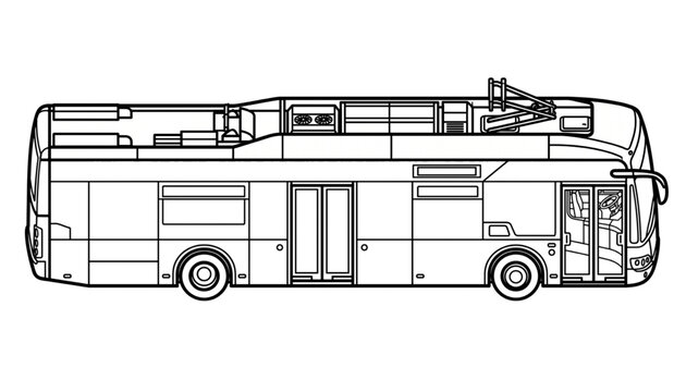Electric Bus Collection Vector Set Top View and Side View &ndash; Modern EV City Transit, Zero Emission Public Transport Line Art Isolated on White Background