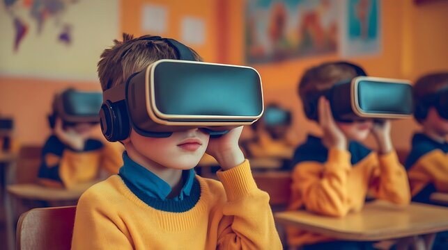 School children using virtual reality headsets in a modern classroom setting with bright yellow sweaters and blurred background educational environment