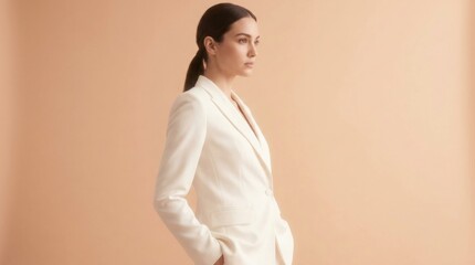Obraz premium Young Woman Wearing White Blazer Standing in Front of Beige Background with Hands in Pockets Looking Right