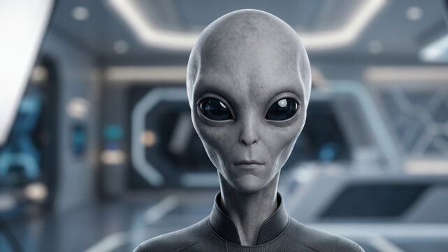 Photorealistic portrait of intelligent gray alien in futuristic research facility looking at camera