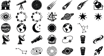 Astronomy and space exploration vector icon set featuring planets telescope observatory stars rocket and satellite dishes. © Rakib