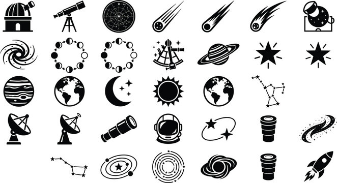 Astronomy and space exploration vector icon set featuring planets telescope observatory stars rocket and satellite dishes.