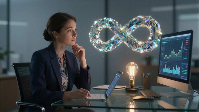 Businesswoman contemplates futuristic infinity symbol amidst tech screens and glowing bulb.
