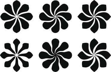 Fototapeta premium Collection of six bold black floral swirl silhouettes featuring curved petals and modern radial shapes. Perfect for logos, decorative patterns, stickers, T-shirts, Cricut, laser cutting and craft proj