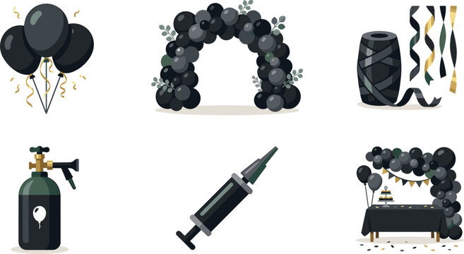 Party balloon decoration service vector icon set featuring black arches confetti streamers helium tank and hand pump.