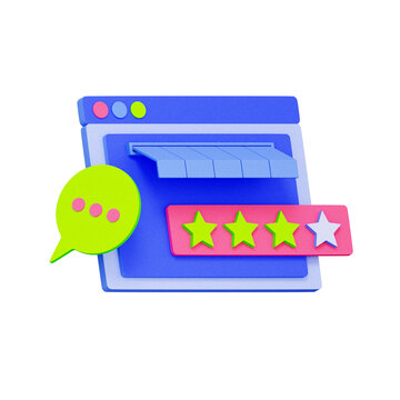 3D illustration of web browser storefront with speech bubble and star rating for customer review, seller feedback, shop rating, live chat support, and e-commerce reputation.